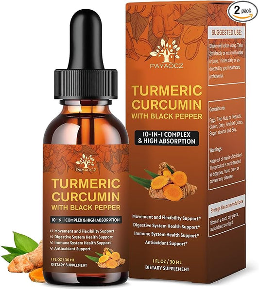 (2 Pack) Organic Turmeric Curcumin Supplement with Black Pepper and Ginger - Liquid Turmeric Extract Drops (with Boswellia, Cinnamon, Rosemary and Sage) - Flexibility and Digestive Health - 1 Fl Oz