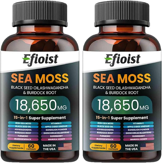 Sea Moss Black Seed Oil Ashwagandha Ginger & Burdock Root Turmeric Bladderwrack Chlorophyll ACV Supplement for Immunity, Skin 120 Count