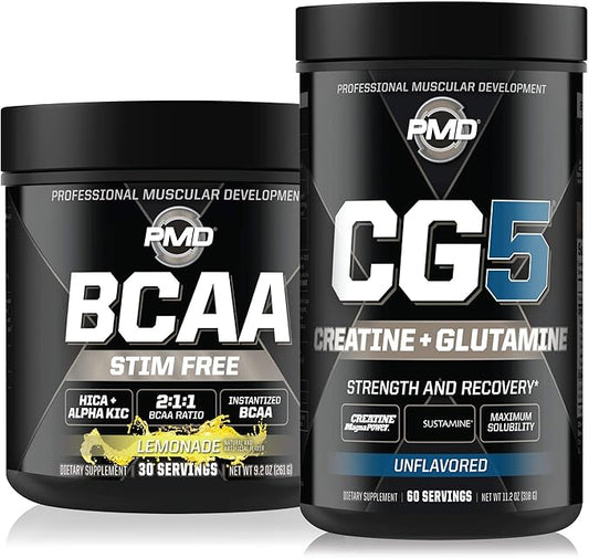 PMD Sports CG5 - Premium Creatine and L-Glutamine Powder (60 Servings) & PMD Sports BCAA Stim Free Amino Acids for Enhanced Recovery - Lemonade (30 Servings)