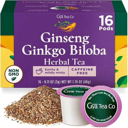 Gya Tea Co Ginkgo Biloba and Ginseng Herbal Tea Pod (16 ct) - Decaf Wellness Tea for Energy, Relaxing & Digestive Health