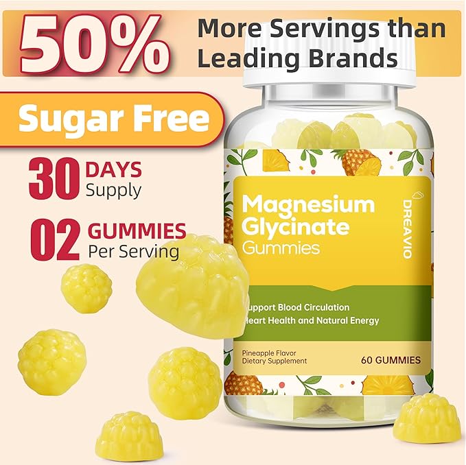 60 Count Magnesium Glycinate Gummies 400mg w/Ashwagandha Supplement - Sugar Free Zinc Magnesium Glycinate Supplement Ashwagandha Gummies for Adults Pineapple Gummies