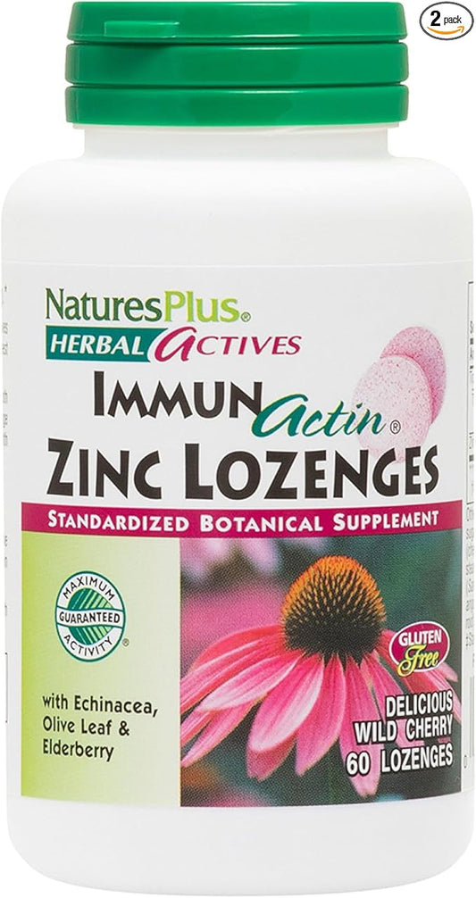 NaturesPlus Herbal Actives ImmunActin - 60 Zinc Lozenges, Pack of 2 - Wild Cherry Flavor - Supports Immune Health - with Echinacea, Elderberry & Olive Leaf - Gluten Free - 120 Total Servings