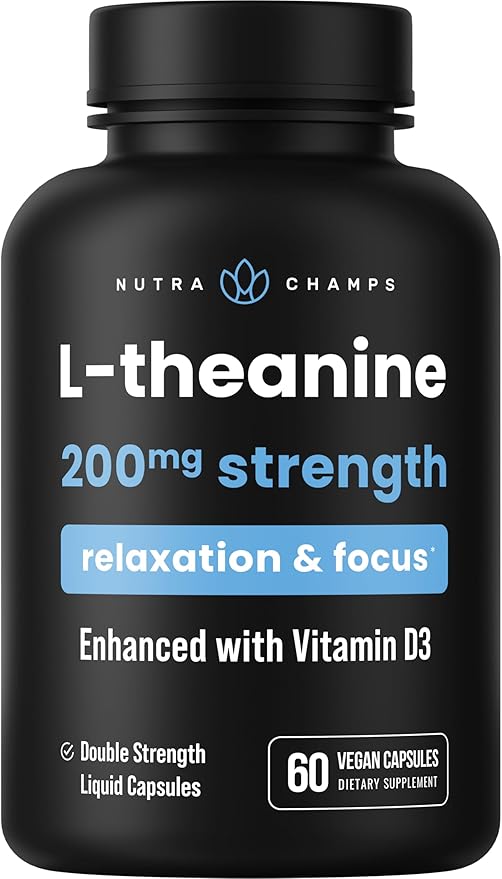 NutraChamps L-Theanine 200mg Capsules | Double-Strength L-Theanine Liquid with Vitamin D3, Organic Coconut Oil | Supports Mood, Focus, Stress Relief | L-Theanine for Kids & Adults | 60 Vegan Capsules