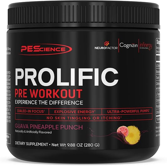 PEScience Prolific Energy Pre Workout – L Citrulline for Nitric Oxide, Rhodiola & CDP Choline Nootropic for Focus – Preworkout for Men & Women – 40 Scoops, Guava Pineapple Punch