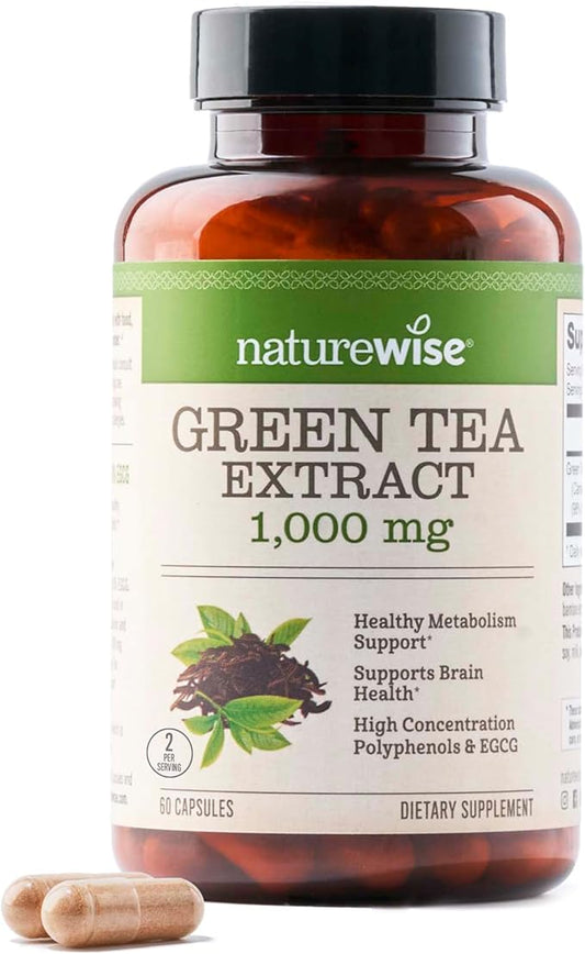 NatureWise Green Tea Extract Capsules 1000 mg - 50% EGCG & 98% Polyphenols - Extra Strength Antioxidants for Heart Health and Energy - Vegan, Gluten Free, Non-GMO - 60 Count[1-Month Supply]