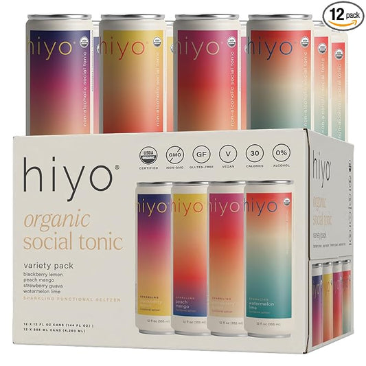 Hiyo Organic Social Tonic – Variety Pack, 12 Pack - N.A. Functional Seltzer, Sparkling Water Crafted with Organic Adaptogens, Nootropics & Botanicals