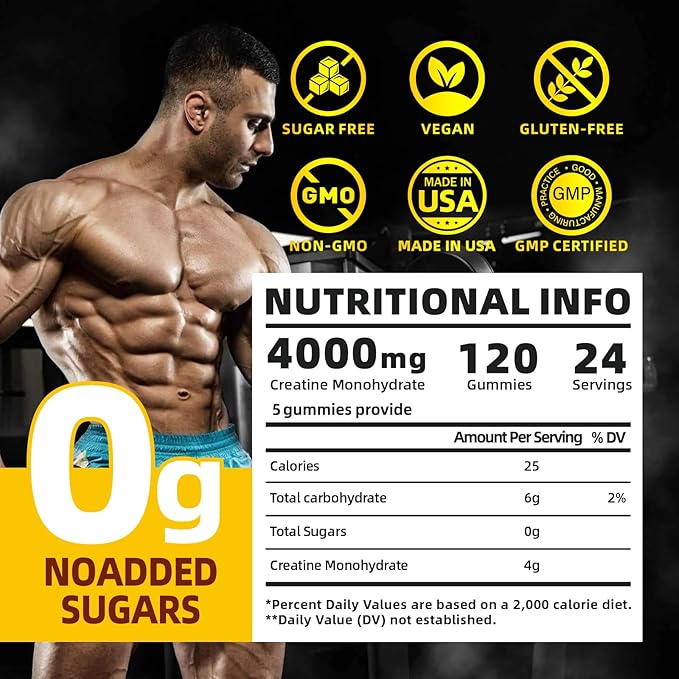 Creatine Monohydrate Gummies for Men & Women, 4g of Creatine Monohydrate per Serving for Maximum Power Strength, Performance, Sugar Free, Vegan, Pre-Workout Supplement(120 Count)-Mango