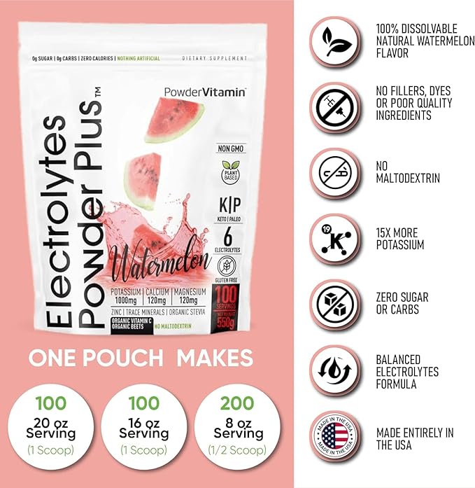 Electrolytes Powder Plus (100 Servings) Watermelon Electrolyte Powder Zero Calorie Keto,0 Sugar, No Maltodextrin,1000mg Potassium,120mg Calcium,120mg Magnesium, Energy Hydration Powder