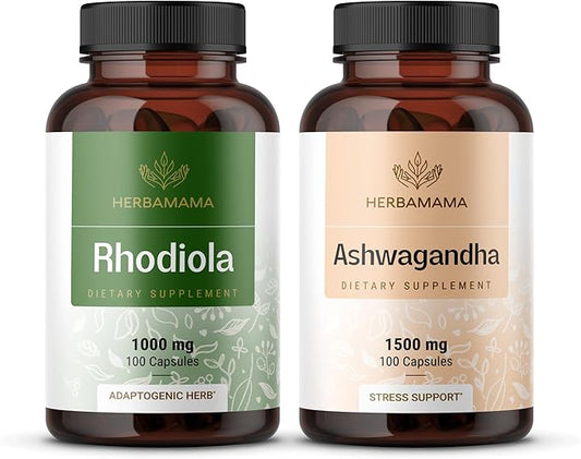 HERBAMAMA Rhodiola Rosea and Ashwagandha Kit - Bundle of 1000 mg Rhodiola Rosea Capsules &1500 mg Ashwagandha Root Capsules - Vegan, Non-GMO, Gelatin-Free - 2 Pack