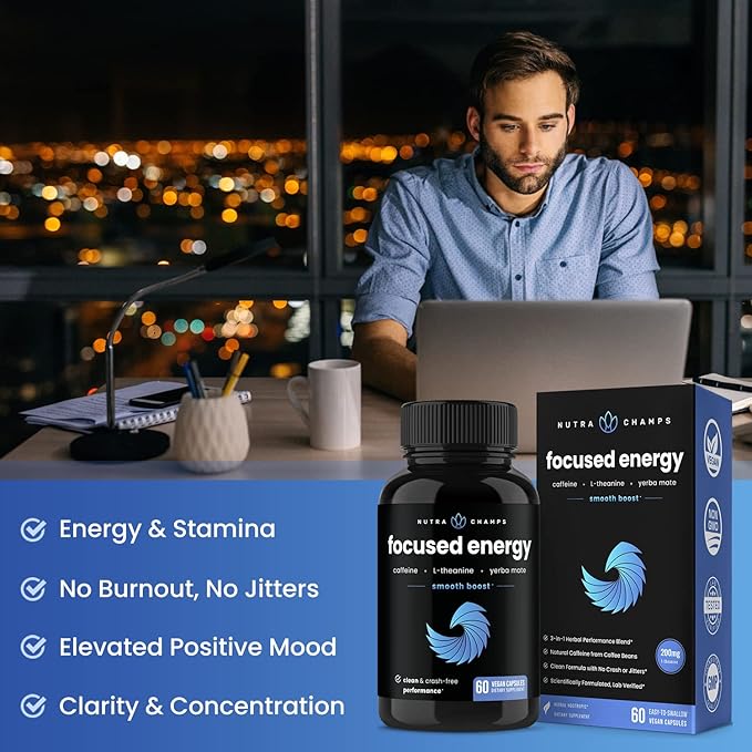 Caffeine Pills with L-Theanine for Focused Energy, Smooth & Clean Energy Supplement for Focus & Performance, No Crash, No Jitters, 60 Vegan Energy Pills