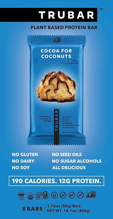 TRUBAR Vegan Protein Bar, Cocoa For Coconuts, Gluten Free, Plant Based Protein, Dairy Free, Non GMO, Soy Free, No Sugar Alcohols, 12G Protein, 12G Fiber, 23G Carb, On the Go Snack Bars, 8ct