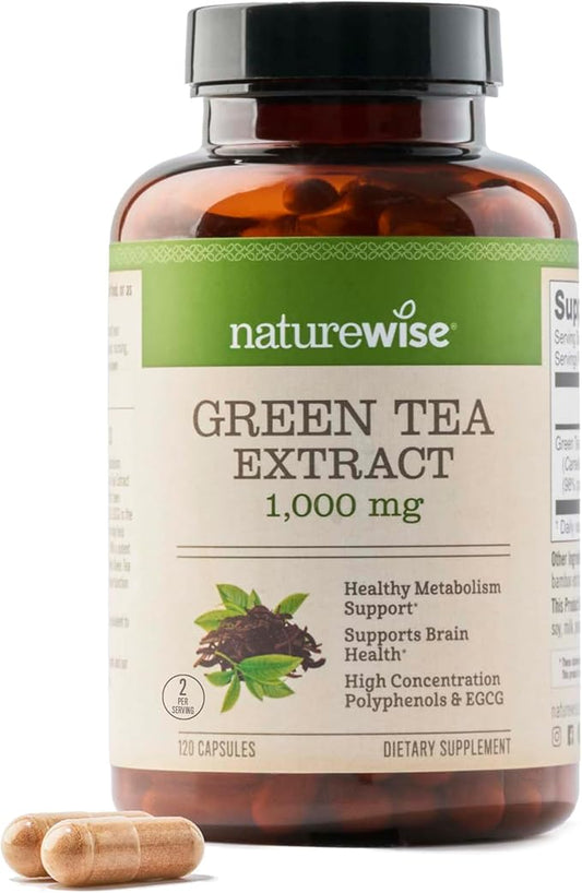 NatureWise Green Tea Extract Capsules 1000 mg - 50% EGCG & 98% Polyphenols - Extra Strength Antioxidants for Heart Health and Energy - Vegan, Gluten Free, Non-GMO - 120 Count[3-Month Supply]