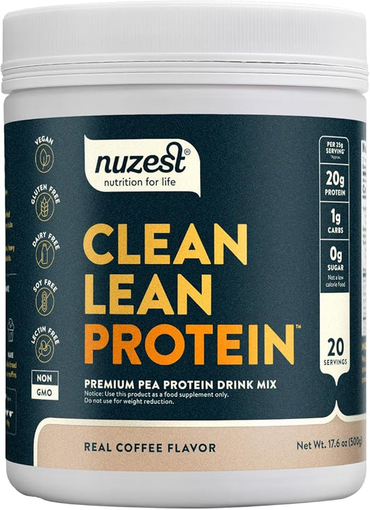 Nuzest - Pea Protein Powder - Clean Lean Protein, Premium Vegan Plant Based Protein Powder, Dairy Free, Gluten Free, GMO Free, Protein Shake, Real Coffee, 20 Servings, 1.1 lb