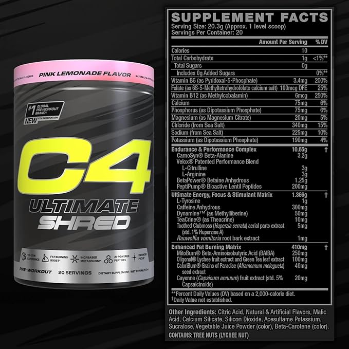 Cellucor C4 Ultimate Shred Pre Workout Powder, Metabolism Supplement with Cayenne Extract+300mg Caffeine+TeaCrine+Dynamine - Cherry Limeade, 20 Servings