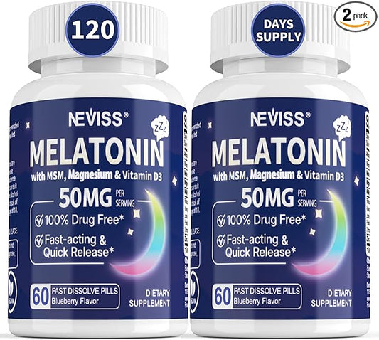 Melatonin 50 mg for Adults - Extra Strength 9-IN-1 Fast Dissolve Sublingual - w/ Vitamin D3 & MSM, Relaxing Herbal Blend-Ashwagandha, Lemon Balm, Passionflower,Chamomile,Sugar Free, Vegan 120 Servings