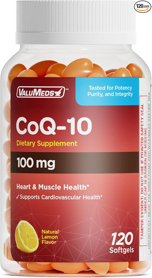 ValuMeds CoQ-10 Non-GMO Coenzyme Q10 Supplement, 120 Softgels | for Heart Health and Energy Support | Gluten Free for High Blood Pressure (120 Count (Pack of 1), 100 mg)