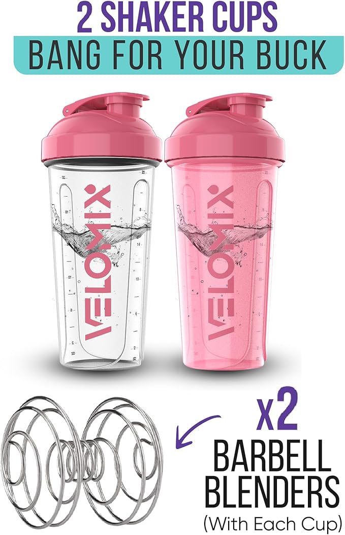 -2 Pack- 28 oz Protein Shaker Bottles for Protein Mixes - 2x Wire Whisk | Leak Proof Shaker Cups for Protein Shakes | Protein Shaker Bottle Pack | Shakers for Protein Shakes-Pink&Transparent