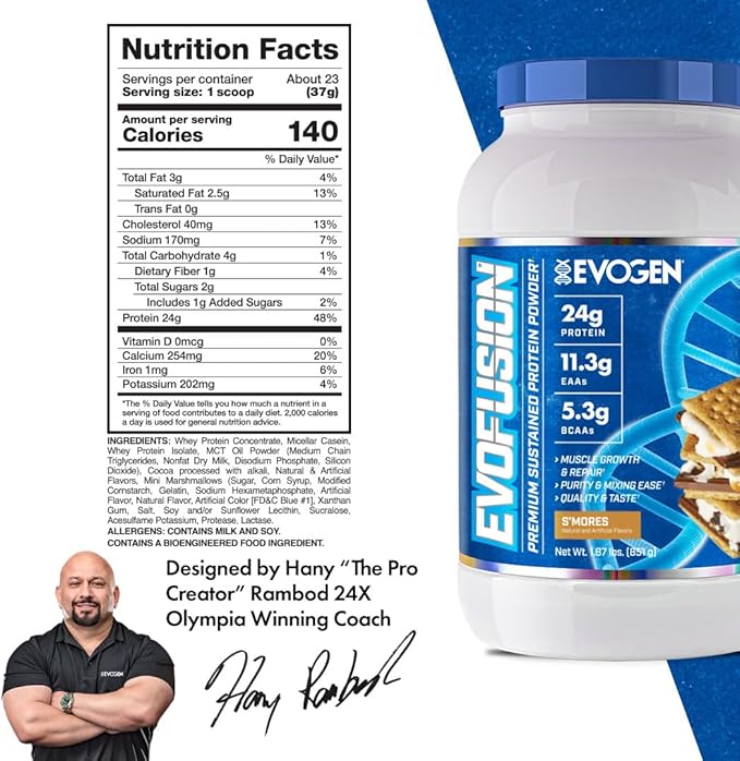 Evogen Evofusion - Sustained Protein Powder | Supports Muscle Growth & Repair | Whey Protein, Micellar Casein, MCT Oil | S'Mores | 23 Servings