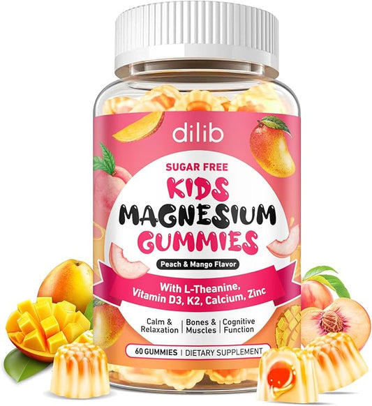 Magnesium Glycinate Gummies for Kids, Magnesium Supplement with L-Theanine, Ashwagandha, Vitamin D3 K2 for Sleep, Calm, Muscle, Relaxation, Cognitive - Sugar Free Peach & Mango Center-Filled Gummie