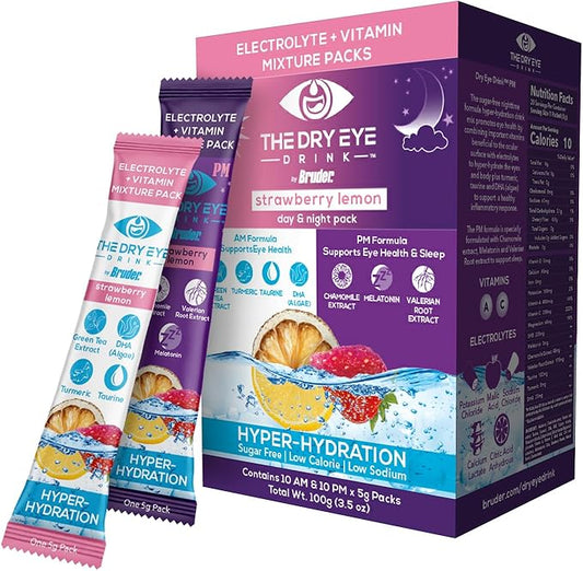 The Dry Eye Drink l Ultimate Hydration for Dry Eyes l Sugar-Free Electrolyte Powder Packets l Blended with Vitamins, Green Tea, Turmeric, Taurine, and DHA l 5g x 20 Packets (Strawberry Lemon AM/PM)