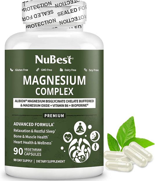 Magnesium Glycinate Chelate Complex with Albion Magnesium Bisglycinate Chelate, Magnesium Oxide, Vitamin B6 & BioPerine for Bone, Muscle, Natural Sleep, Nerve Function, Brain Booster - 90 Days Supply