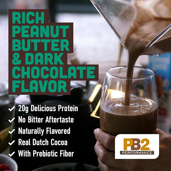 PB2 Performance Peanut Plant Based Vegan Protein Powder | 20g Complete Protein, No Added Sugar, Prebiotic Fiber | Dairy Free, Certified Vegan, Non-GMO, and Gluten Free [Peanut with Dutch Cocoa, 2lb]