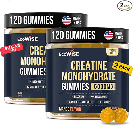 Creatine Monohydrate Gummies 5000 mg, Mango Flavor, 120 Sugar-Free Vegan Chews, Creatine Supplement for Daily Routine, Pack of 2