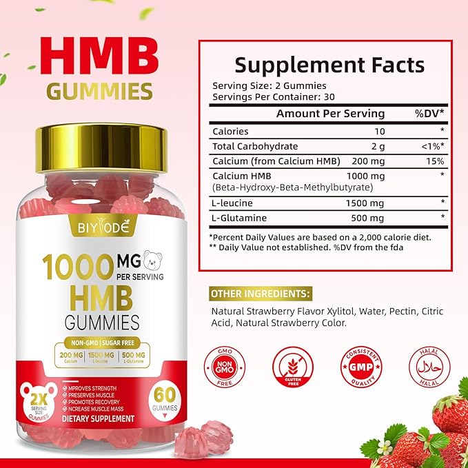 HMB Gummies for Men Women: 1000mg Muscle Bone Support with Calcium HMB 1500mg L-Leucine 500mg L-Glutamine Sugar Free Non-GMO 60 Gummies