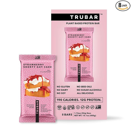 TRUBAR Vegan Protein Bar, Strawberry Shorty Got Cake, Gluten Free, Plant Based Protein, Dairy Free, Non GMO, Soy Free, No Sugar Alcohols, 12G Protein, 12G Fiber, 23G Carb, On the Go Snack Bars, 8 CT