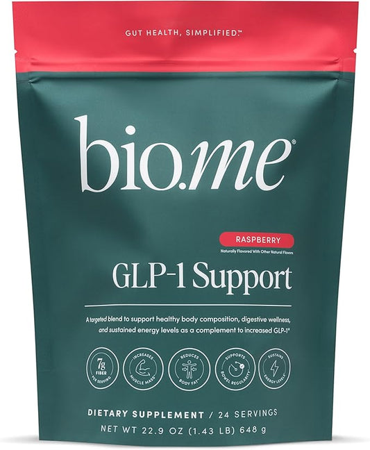 GLP-1 Support – Multi-Benefit GLP-1 Powder for Weight Management & Digestive Health – Sustain Energy Levels - Fiber, Collagen Peptides, B Vitamins, & Digestive Enzymes – 24 Servings (Raspberry)