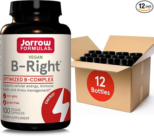 Jarrow Formulas B-Right,Optimized B Complex Featuring VIT B1,B2,B5,B6,B12 and B9 to Support Cellular Energy,Immune Health and Stress Management,100 Veggie Caps,Up to a 100 Day Supply, Pack of 12