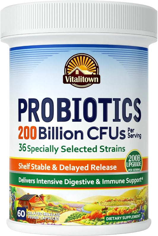 Vitalitown Probiotics 200 Billion CFUs 36 Strains | Shelf Stable, Acid & Bile Resistant | Intensive Digestive & Immune Support | Men & Women Probiotics | Vegan Non-GMO | 60 ct