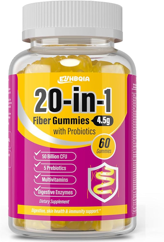 Fiber Supplement 20-in-1, Fiber Gummies for Adults, 50 Billion CFU Probiotic & Prebiotic Supplement with Inulin, Psyllium, Support for Gut & Digestive Health, 60-Count, Orange-38A