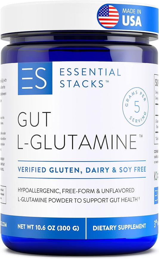 Essential Stacks Gut L-Glutamine Powder - Exclusively Made in USA - Pure L Glutamine Powder for Gut Health (60 Servings, Unflavored)