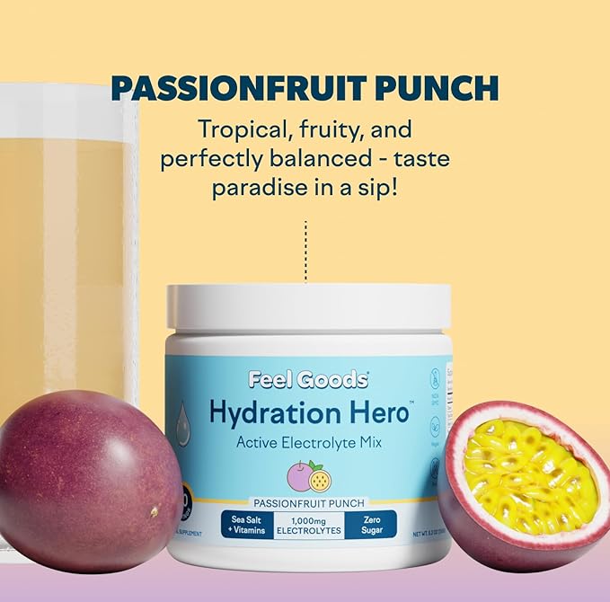 Feel Goods Hydration Hero, 1,000mg Electrolytes Powder, Sugar Free, Magnesium, Organic Aloe Vera, L Theanine, Vitamin C, B12, Keto, Vegan, Plant Based, Passion Fruit Punch, 30 Servings