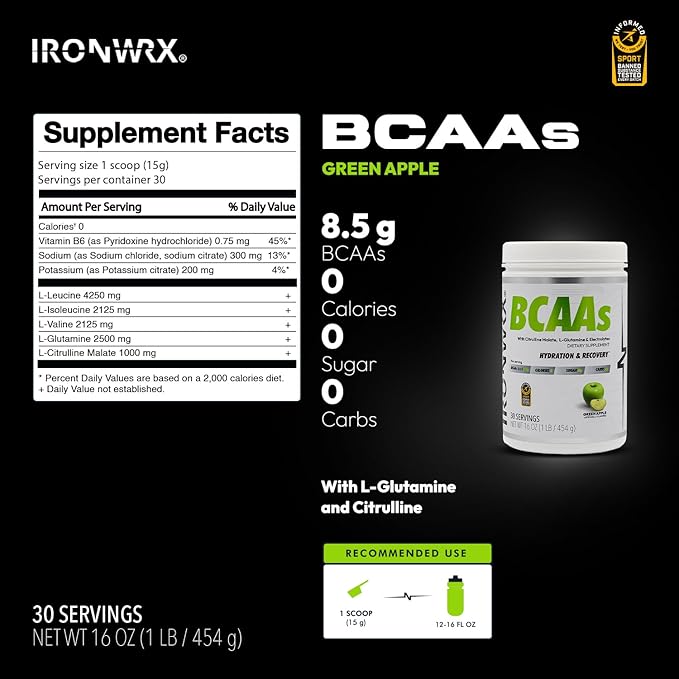 BCAA Powder | Green Apple Flavor | 30 SERVINGS | Zero Sugar | 2:1:1 Leucine, Valine, and Isoleucine Ratio with Citrulline Malate and L-Glutamine | Muscle Growth, Recovery, and Soreness Support