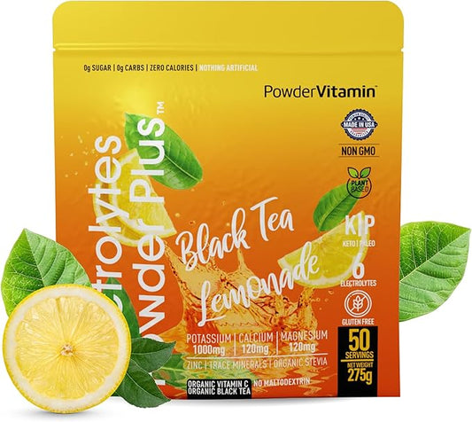 Electrolytes Powder Plus (50 Servings) Black Tea Lemonade Electrolyte Powder Zero Calorie Keto,0 Sugar, No Maltodextrin,1000mg Potassium,120mg Calcium,120mg Magnesium, Hydration Powder