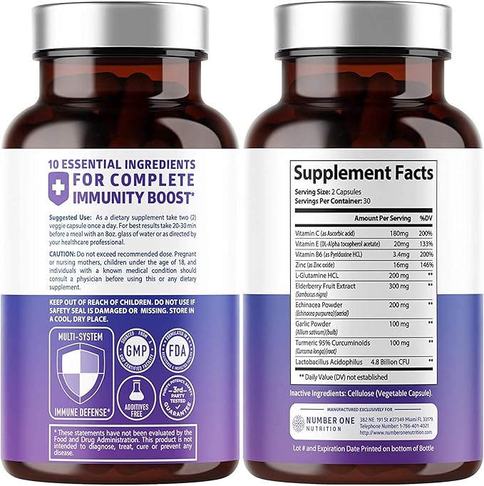 Premium 10 in 1 Immune Support Supplement [10 Potent Ingredients] with Elderberry, Vitamin C, Echinacea, Zinc and Probiotic for Immune Support, Gut Health and Better Digestion, 60 Veg Caps