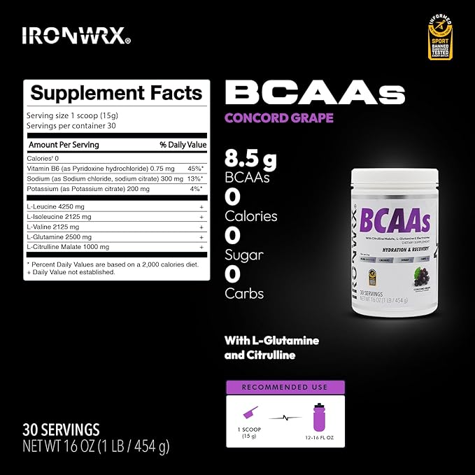 BCAA Powder | Grape Flavor | 30 SERVINGS | Zero Sugar | 2:1:1 Leucine, Valine, and Isoleucine Ratio with Citrulline Malate and L-Glutamine | Muscle Growth, Recovery, and Soreness Support