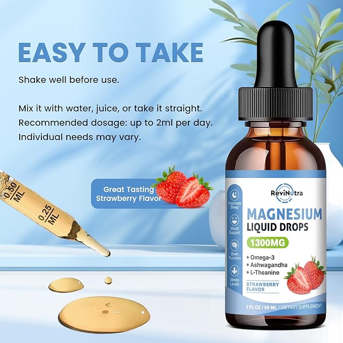 2 Pack Liquid Magnesium Glycinate Drops with Taurate & Citrate, Calm Magnesium with Omega3, L-Theanine, Potassium, Ashwagandha, Vitamin for Sleep, Muscle, Immune Health, Sugar-Free Strawberry Flavor