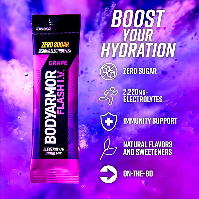 BODYARMOR Flash IV Electrolyte Packets, Grape - Zero Sugar Drink Mix, Single Serve Packs, Coconut Water Powder, Hydration for Workout, Travel Essentials, Just Add Sticks to Liquid (15 Count)