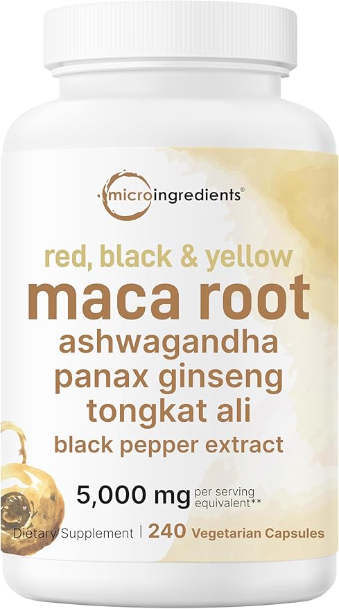 Maca Root 5,000mg Equivalent | 240 Veggie Capsules with Ashwagandha, Panax Ginseng, Tongkat Ali, & Black Pepper Extract for Better Absorption | Red, Yellow, & Black Maca | Non-GMO, Vegan
