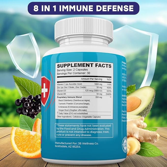 Immune Support 8 in 1 Capsules - Zinc Supplement, Vitamin D3, Vitamin C and Elderberry - Immune Booster Supplement with Echinacea, Ginger Root, and Turmeric - [3-Pack, 180 Count]