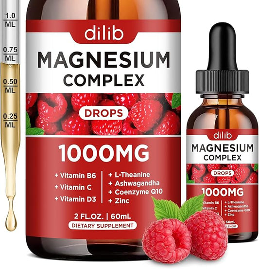 Triple Magnesium Complex Supplement, Magnesium Glycinate, Citrate Liquid Drops 1000mg with Ashwagandha, CoQ10, Vitamin B6, C, D, Zinc - Vegan Raspberry Flavor