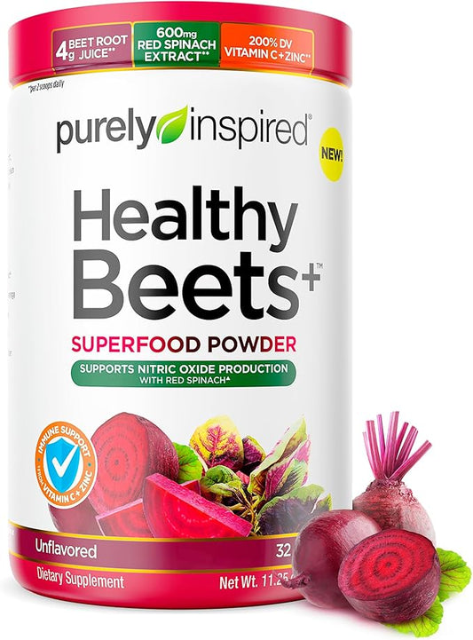Purely Inspired Healthy Beets Superfood Powder, Unflavored - Super Beet Root Powder with Red Spinach Extract, Vitamin C & Zinc for Immune Support - Supports Nitric Oxide Production for Men & Women