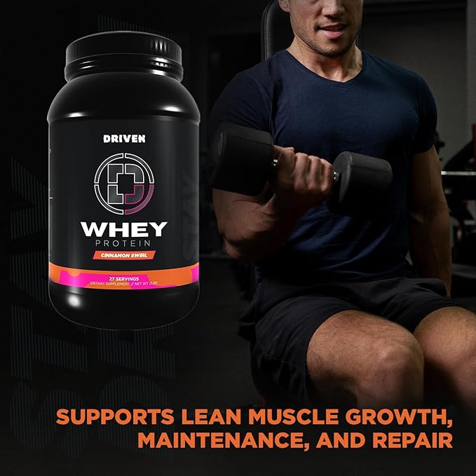 Driven WHEY- Grass Fed Whey Protein Powder: Delicious, Clean Protein Shake- Improve Muscle Recovery with 23 Grams of Protein with Added BCAA and Digestive Enzymes (2 lb, Cinnamon Roll)