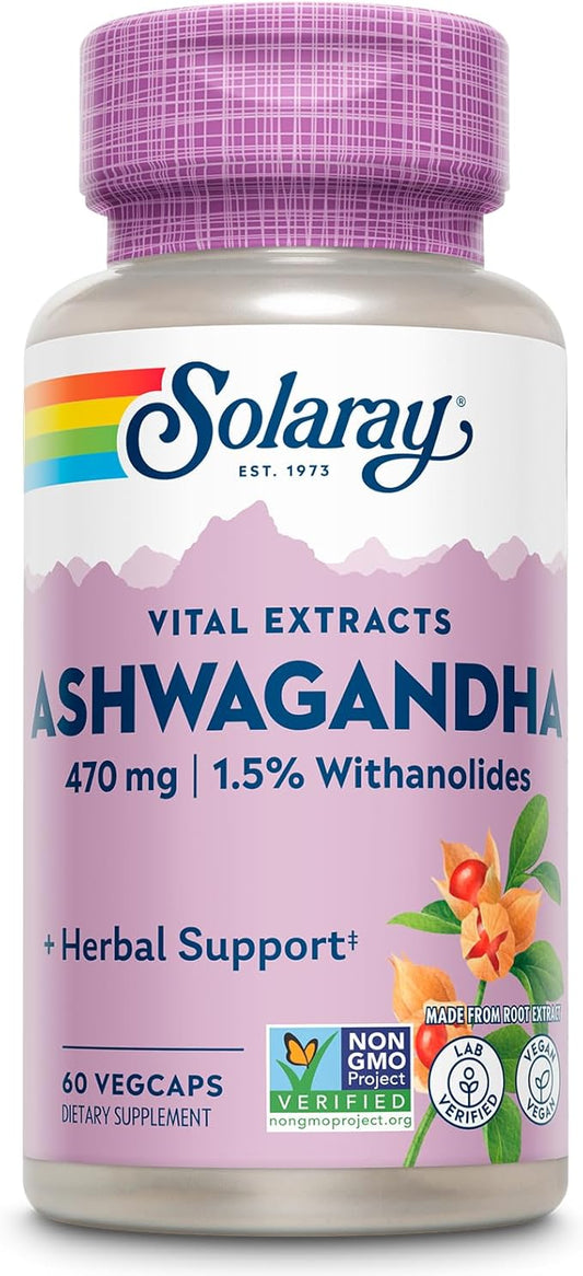SOLARAY Vital Extracts Ashwagandha - 470 mg Ashwagandha Root Extract Standardized to 7 mg Withanolides - Vegan, Non-GMO, Lab Verified, 60-Day Guarantee - 60 Servings, 60 VegCaps
