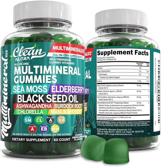 Clean Sea Moss Gummies | Black Seed Oil Ashwagandha, Elderberry, Burdock Root, Chlorella, Manuka Honey - Vegan Irish Sea Moss Gummy Vitamins For Adults Kids Men Women - Multimineral Green Apple Flavor