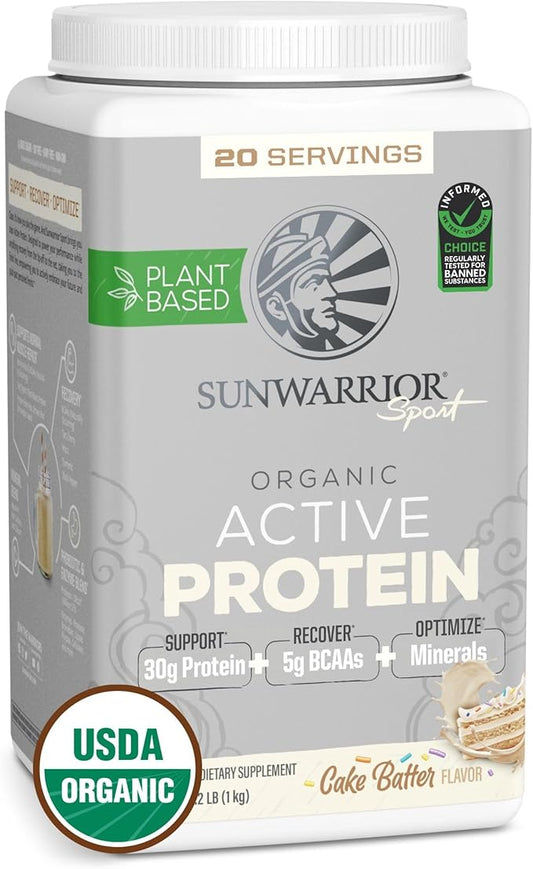 Sunwarrior Vegan Protein Powder USDA Organic Protein Powder Blend| Plant-Based BCAA Sugar Free Gluten Free Non-GMO Dairy Free | Cake Batter Flavored 20 Servings | Sport Organic Active Protein