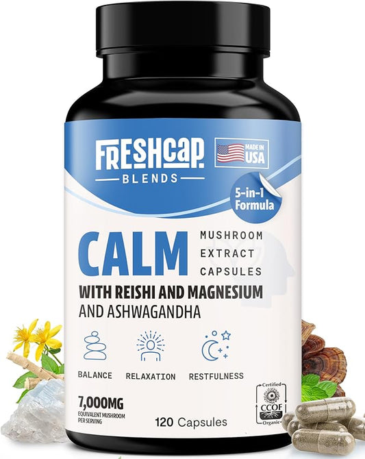 FreshCap Calm Gummies for Adults - Calm w/Reishi, Ashwagandha, St. John’s Wort, Lemon Balm, Magnesium - Balance, Relaxation & Emotional Stability -Ayurveda Daily Mushroom Supplement, Vegan - 60 Count